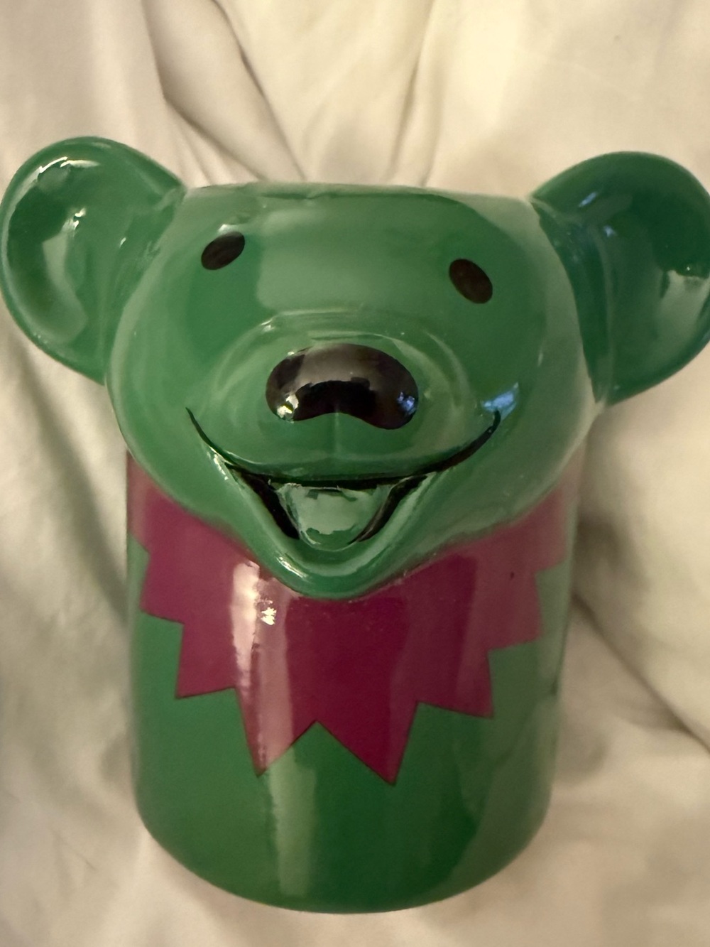 Grateful Dead Dancing Bear ceramic mug green mascot with a magenta collar. 16oz